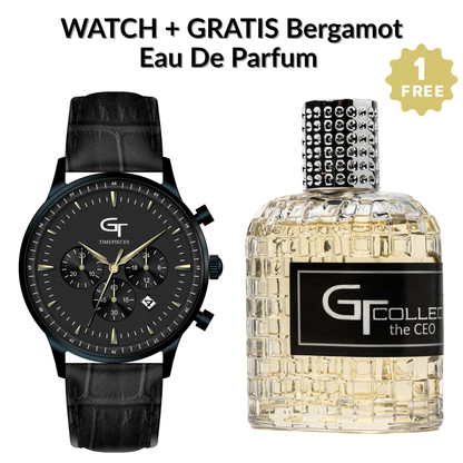 Elegant Men's Watch Black + Free Bergamot Perfume - Gift Set