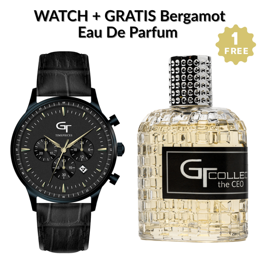 Elegant Men's Watch Black + Free Bergamot Perfume - Gift Set