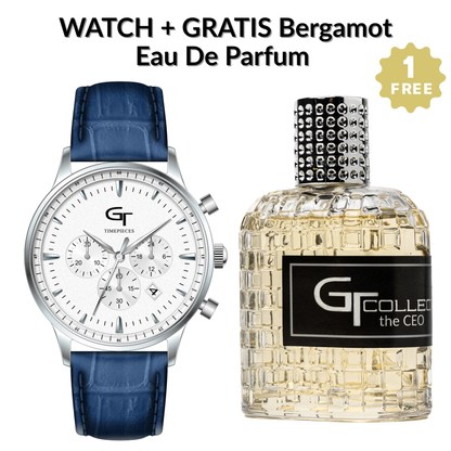 Elegant Men's Watch Blue + Free Bergamot Perfume - Gift Set