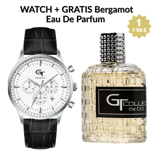 Elegant Men's Watch White + Free Bergamot Perfume - Gift Set
