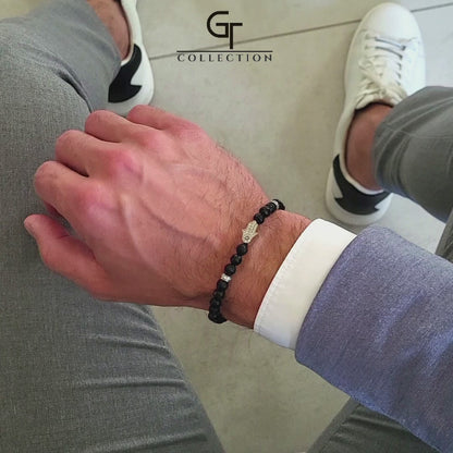 Men's BLACK ONYX Bracelet with Silver HAMSA Hand