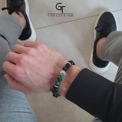 Men's GREEN TIGER EYE, ONYX Bracelet with Silver LION Head