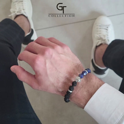 Men's LAPIS, ONYX Bracelet with Silver LION Head