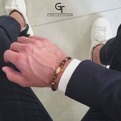 Men's TIGER EYE Bracelet with Golden HAMSA Hand