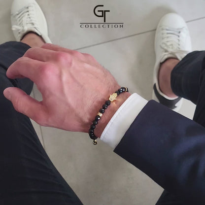 Men's BLACK ONYX Bracelet with Golden HAMSA Hand