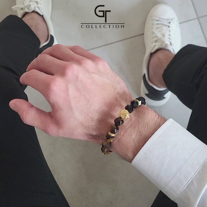 Men's TIGER EYE, ONYX Bracelet with Golden LION Head