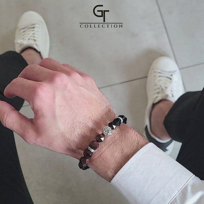 Men's RED TIGER EYE, ONYX Bracelet with Silver LION Head