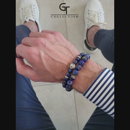 Men's LAPIS LAZULI Bracelet With Silver LEOPARD Head