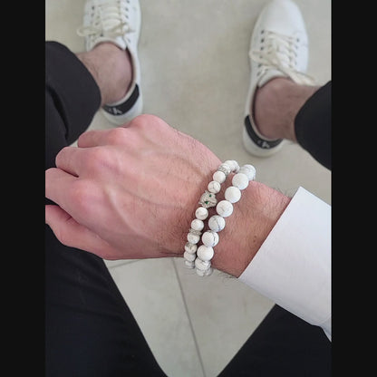 Men's WHITE HOWLITE Bracelet With Silver LEOPARD Head
