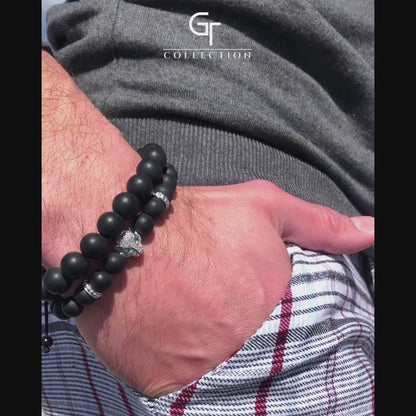 Men's BLACK ONYX Bracelet With Silver LEOPARD Head