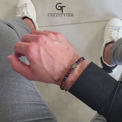 Men's RED TIGER EYE Bracelet with Black HAMSA Hand