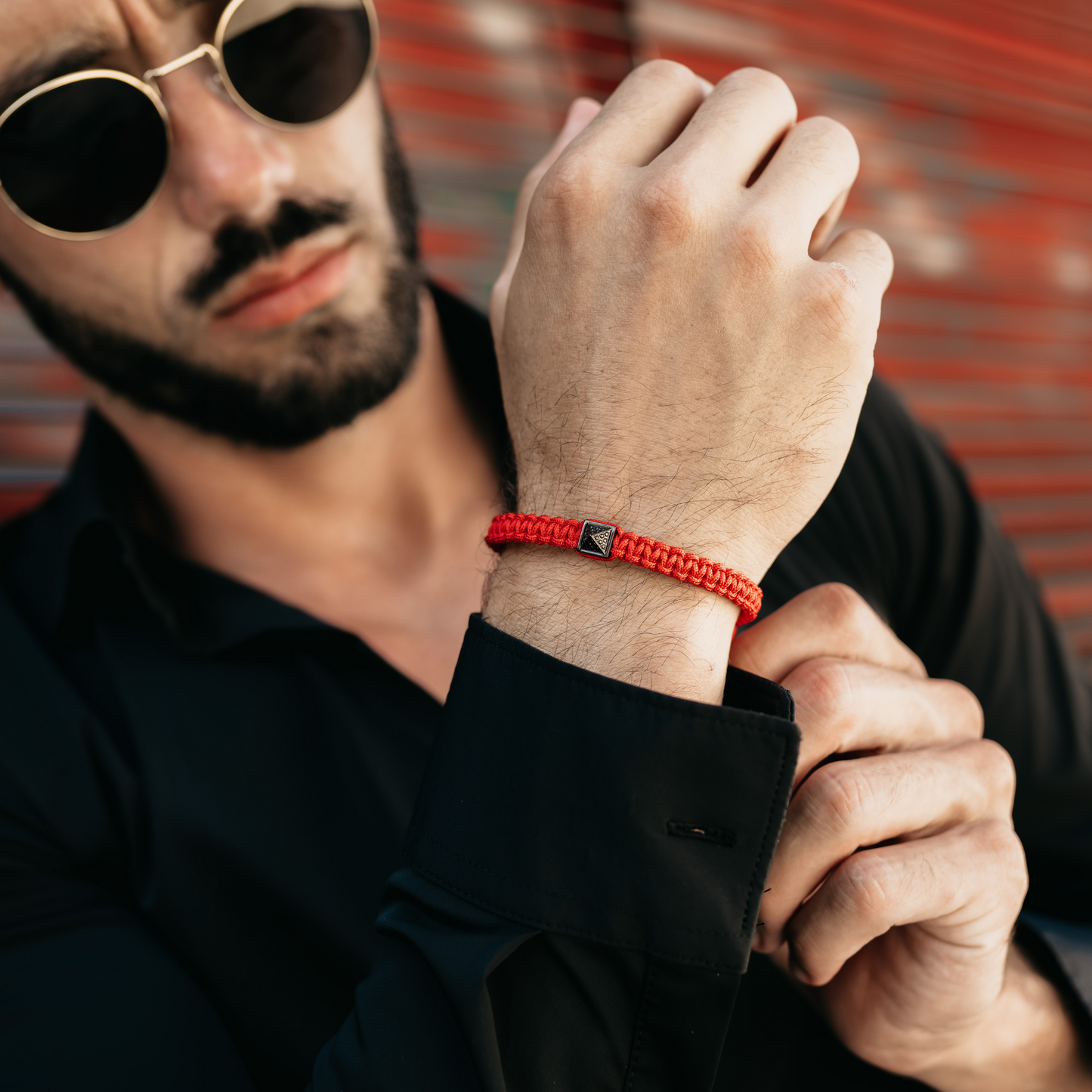 Men's Red Bracelet - Black Pyramid with Zircon