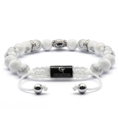 Men's WHITE HOWLITE Bracelet With Silver LEOPARD Head