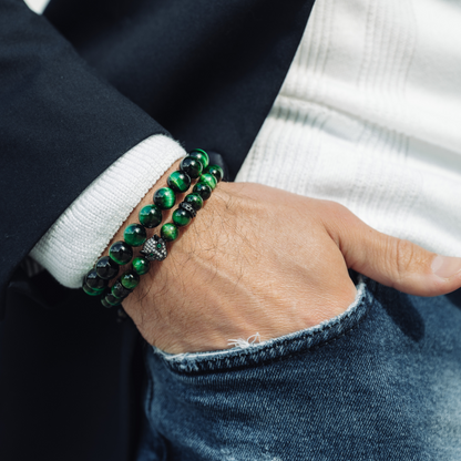 Men's GREEN TIGER EYE Bracelet With Black LEOPARD Head
