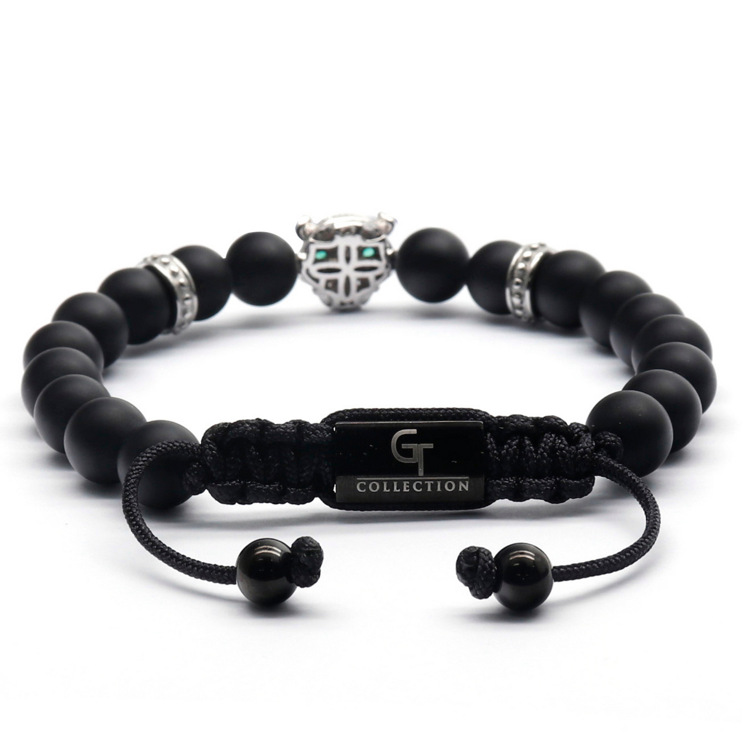 Men's BLACK ONYX Bracelet With Silver LEOPARD Head