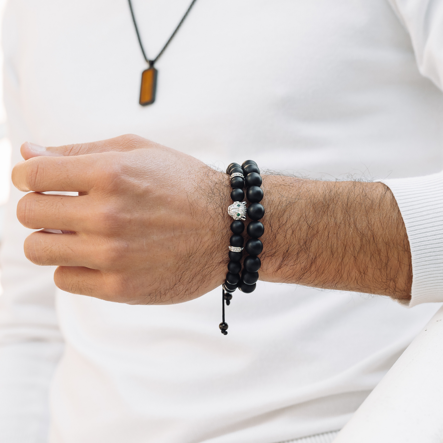 Men's BLACK ONYX Bracelet With Silver LEOPARD Head