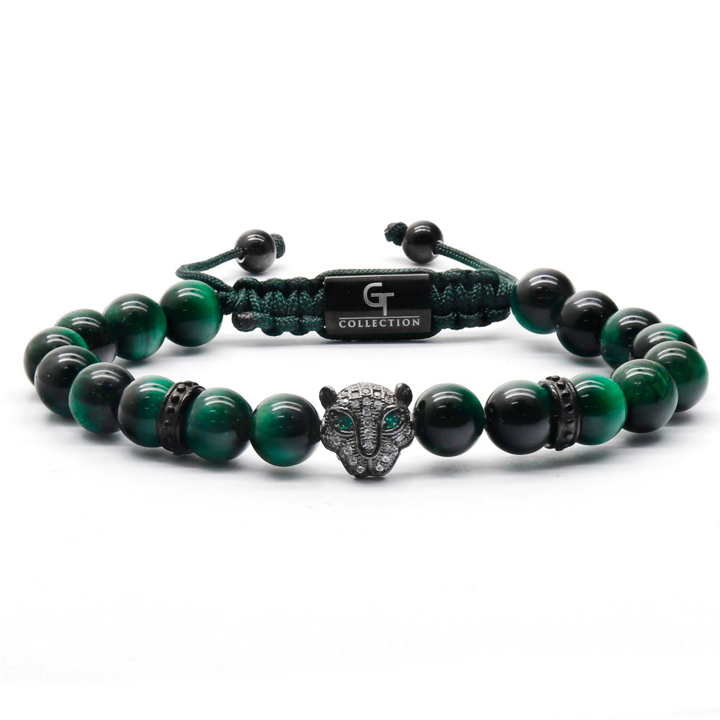 Men's GREEN TIGER EYE Bracelet With Black LEOPARD Head