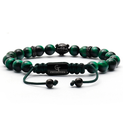 Men's GREEN TIGER EYE Bracelet With Black LEOPARD Head