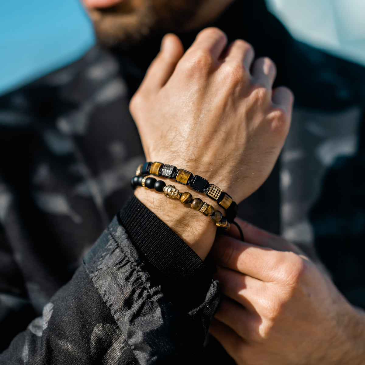 Bracelet - Men's Gold Buddha Bead Bracelet With TIGER EYE And ONYX Stone
