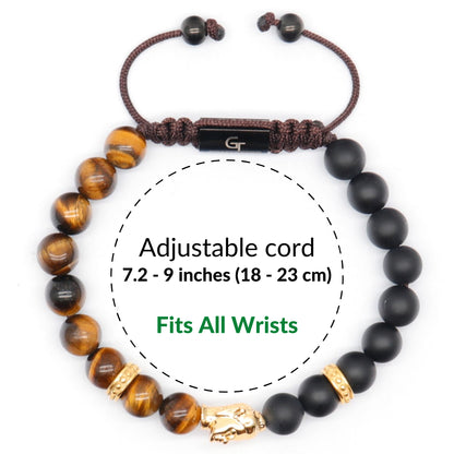 Bracelet - Men's Gold Buddha Bead Bracelet With TIGER EYE And ONYX Stone