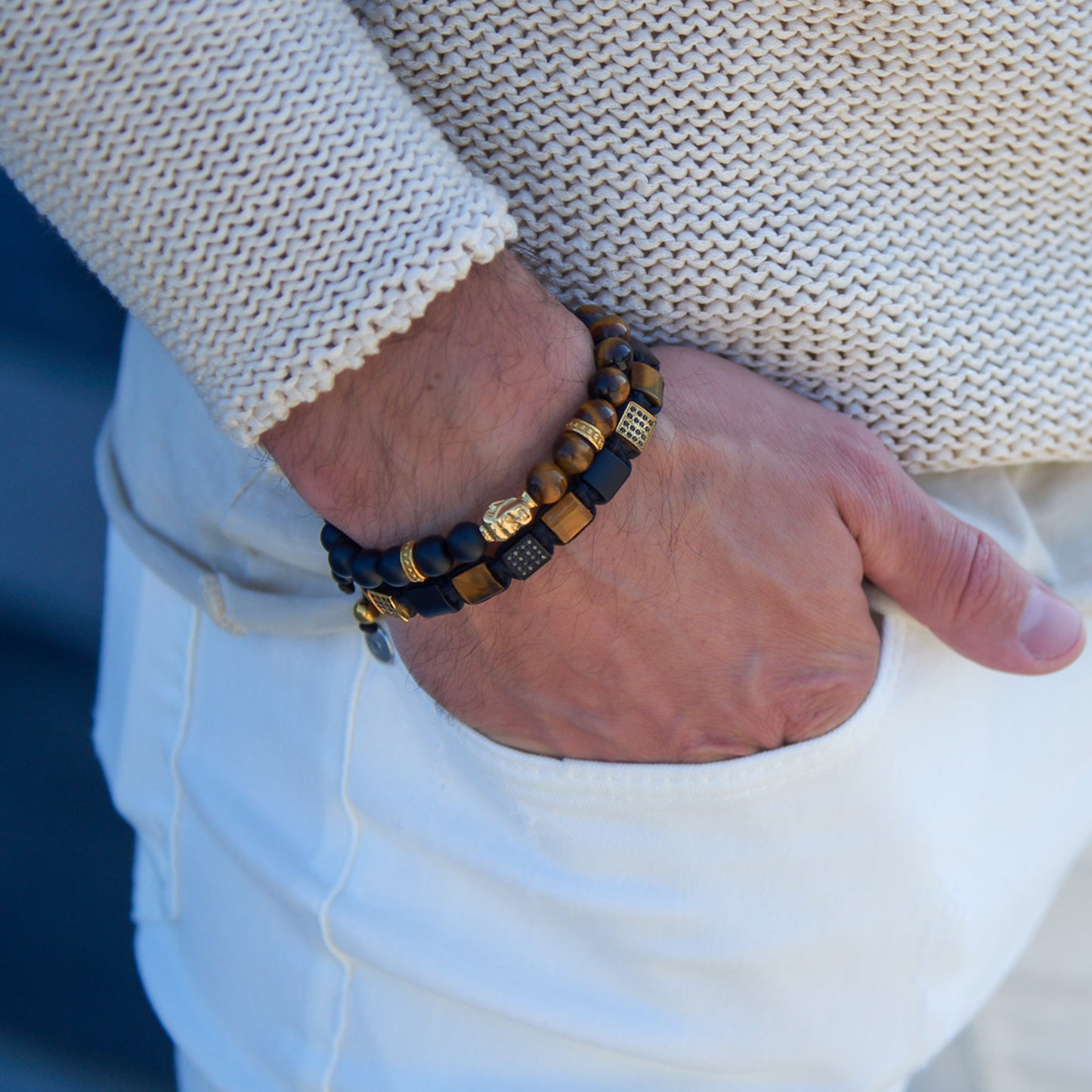 Bracelet - Men's Gold Buddha Bead Bracelet With TIGER EYE And ONYX Stone