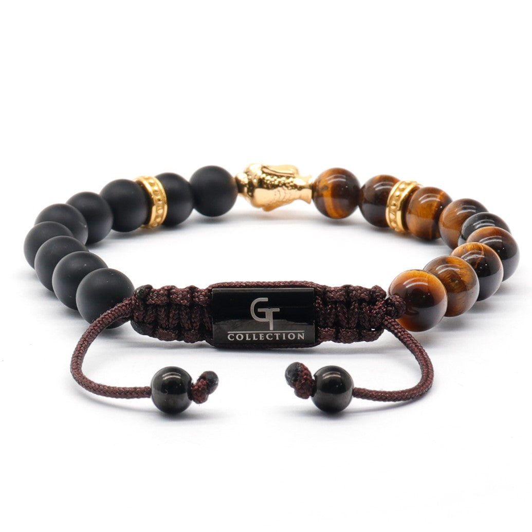 Bracelet - Men's Gold Buddha Bead Bracelet With TIGER EYE And ONYX Stone