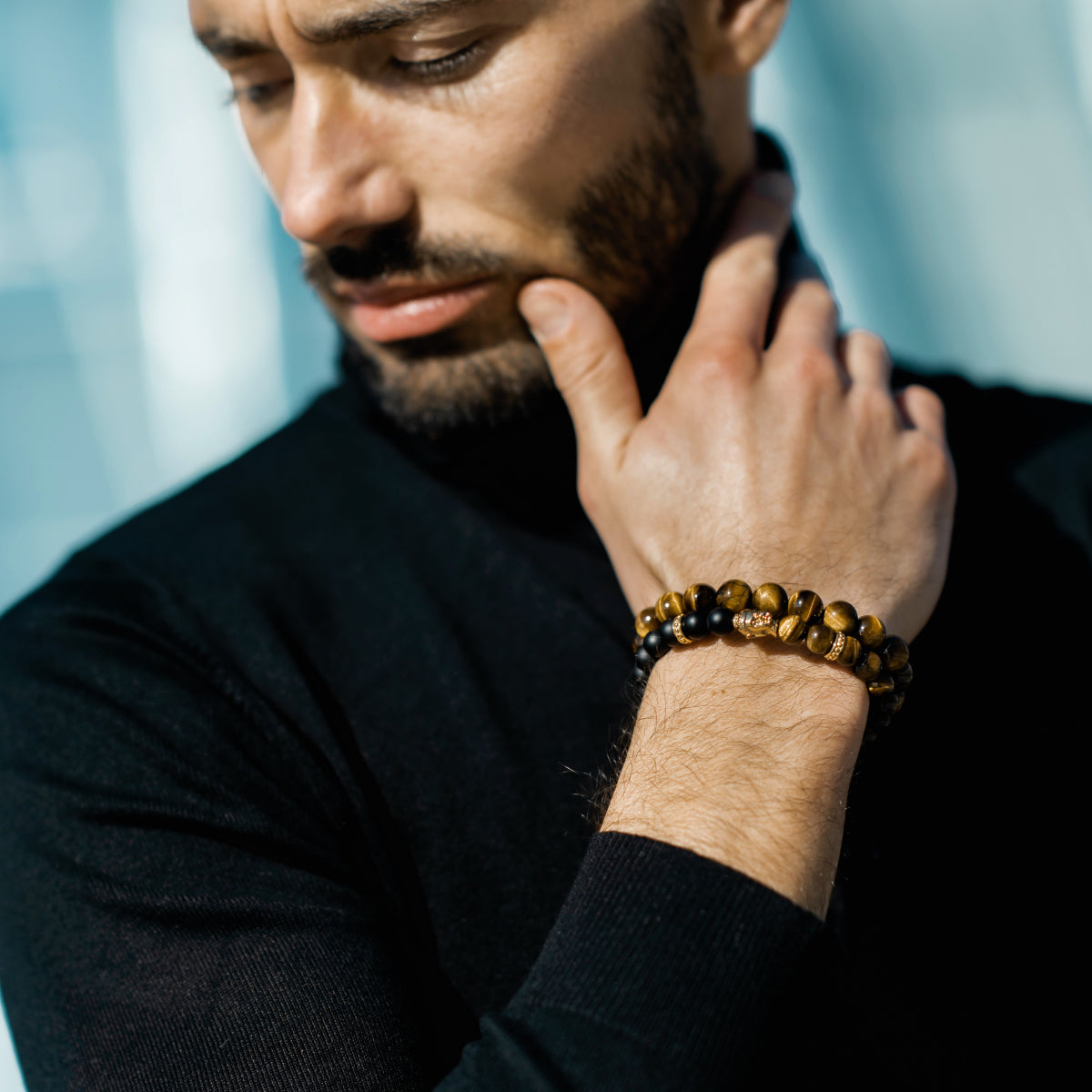 Bracelet - Men's Gold Buddha Bead Bracelet With TIGER EYE And ONYX Stone