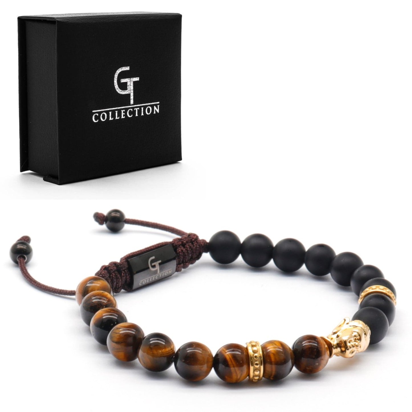 Bracelet - Men's Gold Buddha Bead Bracelet With TIGER EYE And ONYX Stone