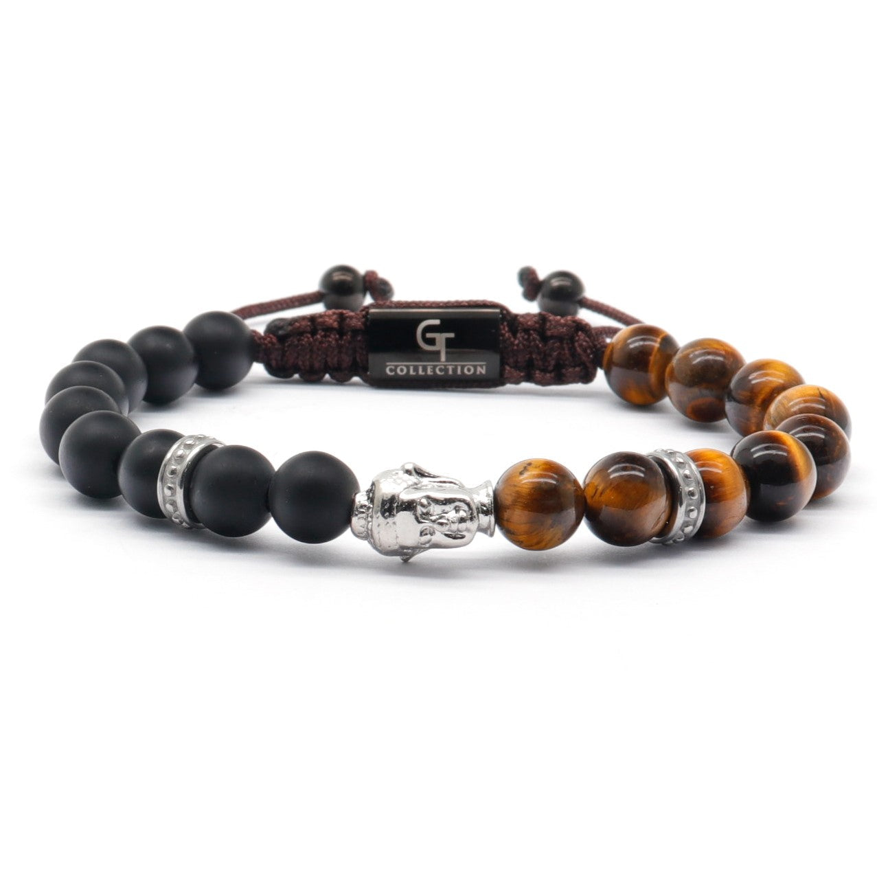 Bracelets - Men's Silver Buddha Bead Bracelet With TIGER EYE And ONYX Stone