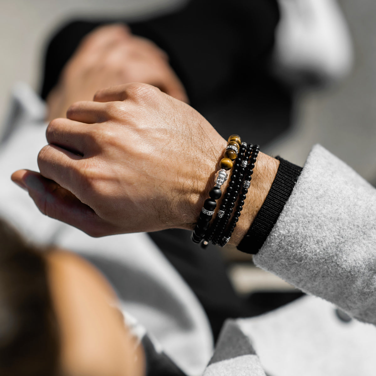 Bracelets - Men's Silver Buddha Bead Bracelet With TIGER EYE And ONYX Stone