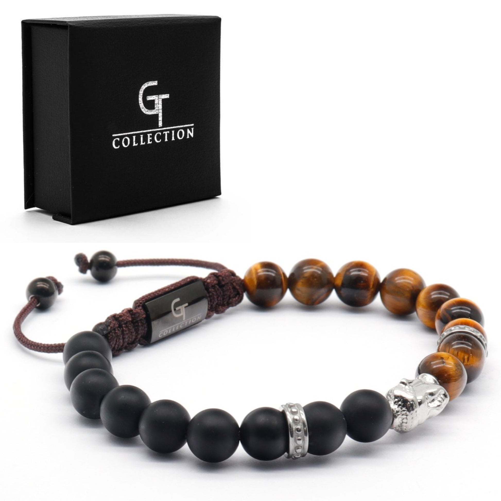 Bracelets - Men's Silver Buddha Bead Bracelet With TIGER EYE And ONYX Stone